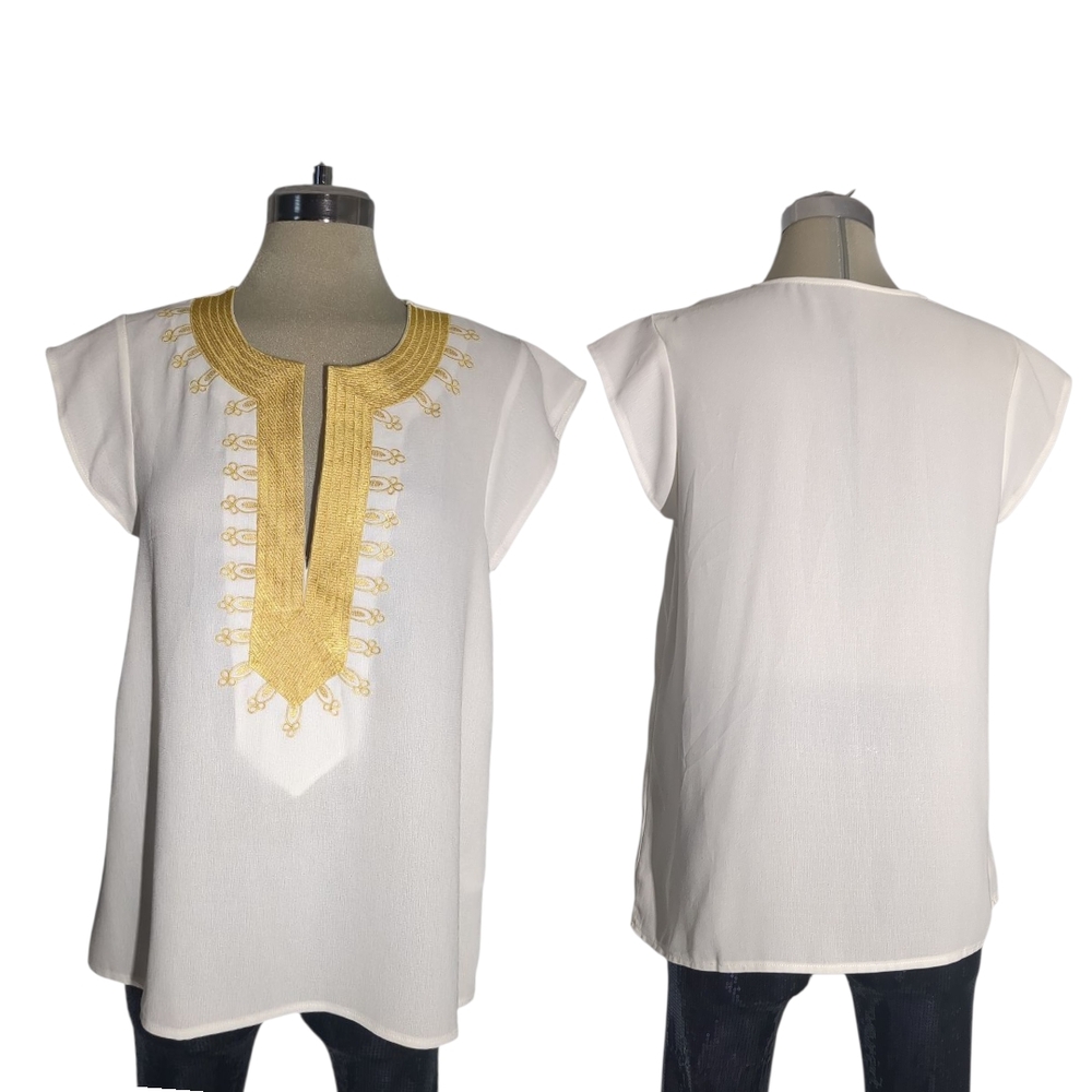 SHEIN White Tunic with Gold Embroidery Size S